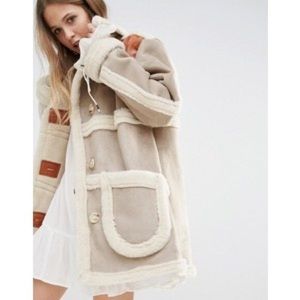 MOON RIVER Faux Suede Coat w/ Faux Shearling